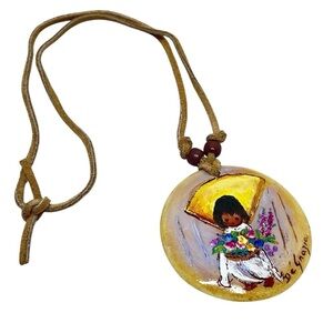 RARE VTG Ted DeGrazia Signed Hand Painted Flower Girl Pendant Necklace